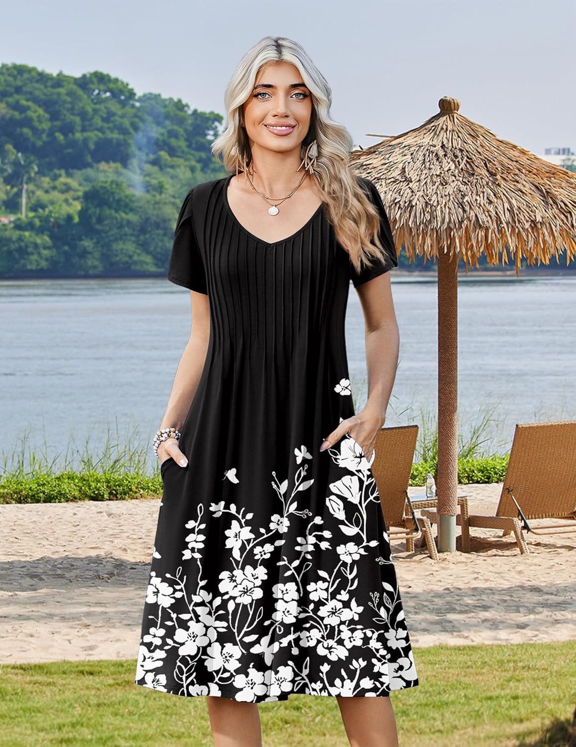 Zeagoo Womens Casual Summer Dress 2026 Short Sleeve Dresses Pleats Midi A Line Flowy Dress Boho Beach Sundress with Pockets - Image 4