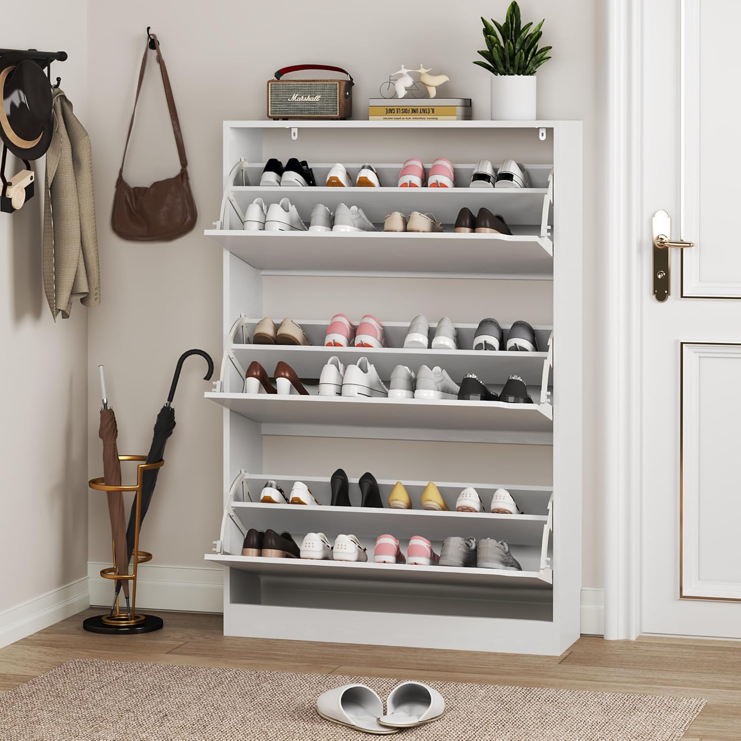BORNOON Shoe Cabinet with 3 Flip Drawers, Hidden Wood Shoe Cabinet,Freestanding Shoe Storage Cabinet for Entryway Hallway.White. 47.2" H*31.5" W*9.45" D. - Image 7