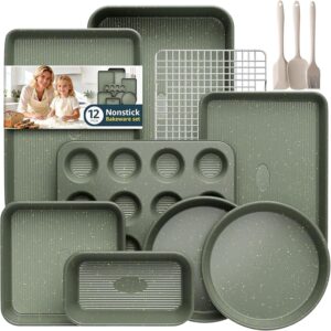 12-Piece Nonstick Baking Set, Non-Toxic Bakeware Sets with Baking Sheet, Cake Pan, Square Pan, Loaf Pan, Roasting Pan, Muffin Pan, Cookie Sheet, Cooling Rack & Kitchen Utensilss – Ceramic Coated Green