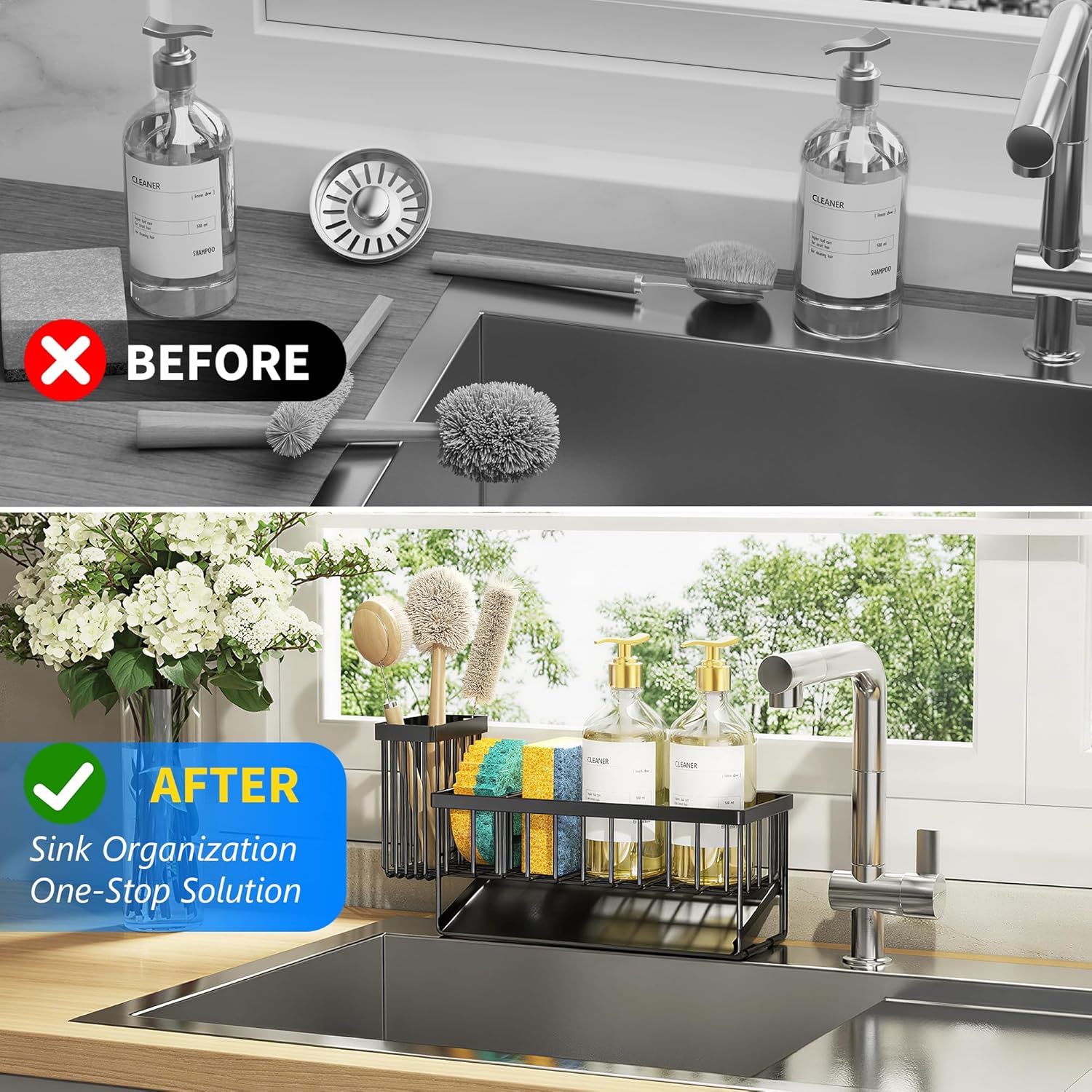Cisily Sink Caddy Sponge Holder for Kitchen with Brush Holder and Stainless Steel Self Drain Tray, Rustproof Kitchen Sink Organizer for Sponge, Soap Dispenser Storage Accessories - Image 6