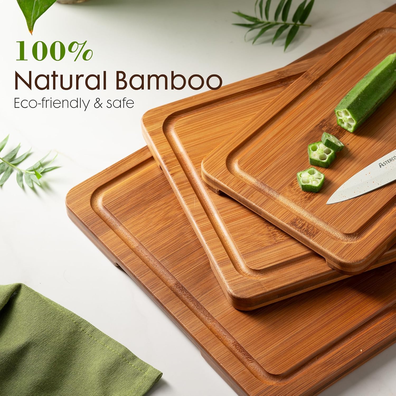 Astercook Deep-Carbonized Bamboo Cutting Boards for Kitchen with Wood Storage Stand, Reversible Charcuterie & Chopping Boards with Juice Grooves and Easy-Grip Handles, Mothers Day Gifts - Image 4
