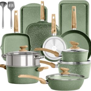 17 Piece Pots and Pans Set Non Stick, Nonstick Induction Granite Kitchen Cookware Sets, Induction Cookware Frying Pans, Nonstick Granite Cooking Set, Pan Sets for Cooking, Green