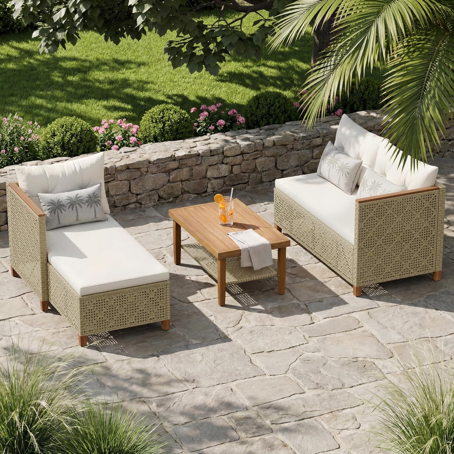 Devoko Wicker Patio Furniture Set, 3 Pieces Outdoor Sofa with Tufted Pillow,PE Rattan Small Sectional Couch Set for Backyard, Deck,Porch & Poolside(Brown) - Image 5