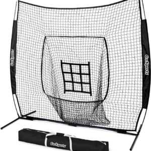 GoSports 7 ft x 7 ft Baseball & Softball Nets – Red, Black, Drip or PRO – Practice Hitting & Pitching Net with Bow Type Frame, Carry Bag and Strike Zone, Great for All Skill Levels
