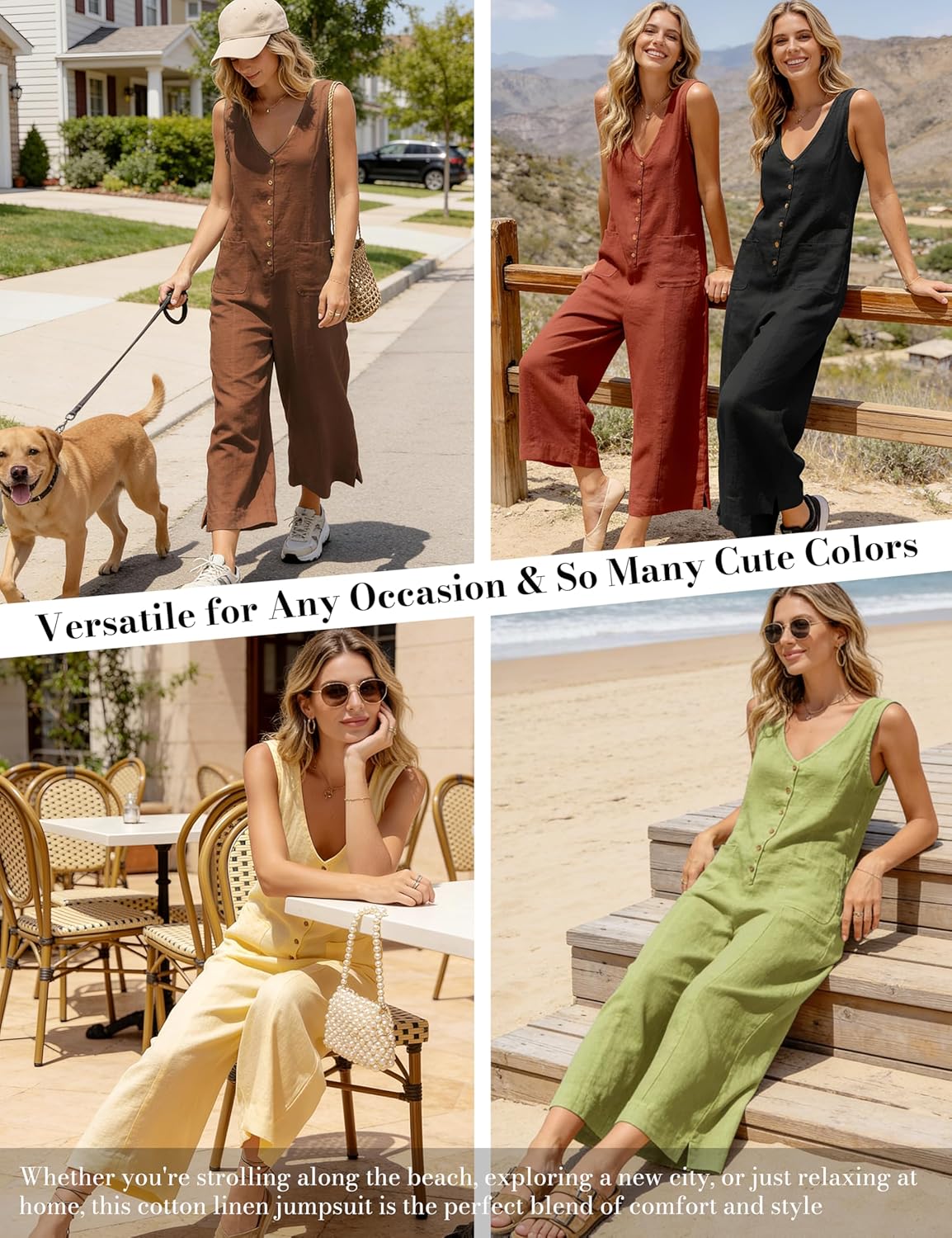 Yeokou Women Button Down Jumpsuits Cotton Linen Sleeveless Casual Wide Legs Rompers Loose Overall with Pockets - Image 9