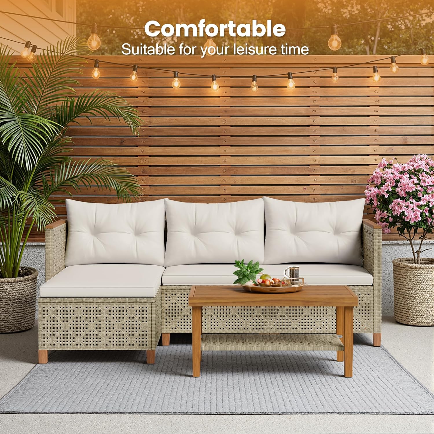 Devoko Wicker Patio Furniture Set, 3 Pieces Outdoor Sofa with Tufted Pillow,PE Rattan Small Sectional Couch Set for Backyard, Deck,Porch & Poolside(Brown) - Image 6