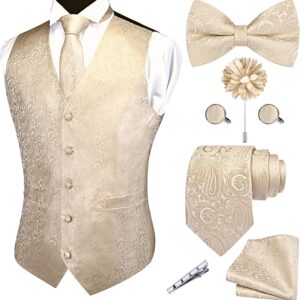 GUSLESON Formal Men Vest Paisley Floral Jacquard Tie Waistcoat Bow tie Hanky Lapel Pin Cufflinks Set Wedding 7PCS