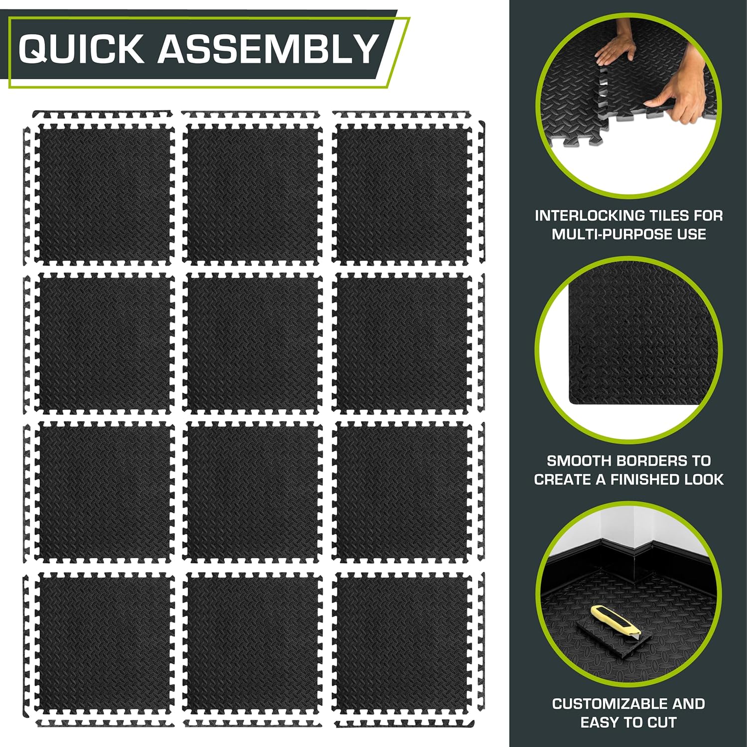 ProsourceFit Exercise Puzzle Mat ½-inch, EVA Interlocking Foam Floor Tiles for Home Gym, Workout Equipment, Kids Play Areas, Black, 48 SQ FT - 12 Tiles - Image 6