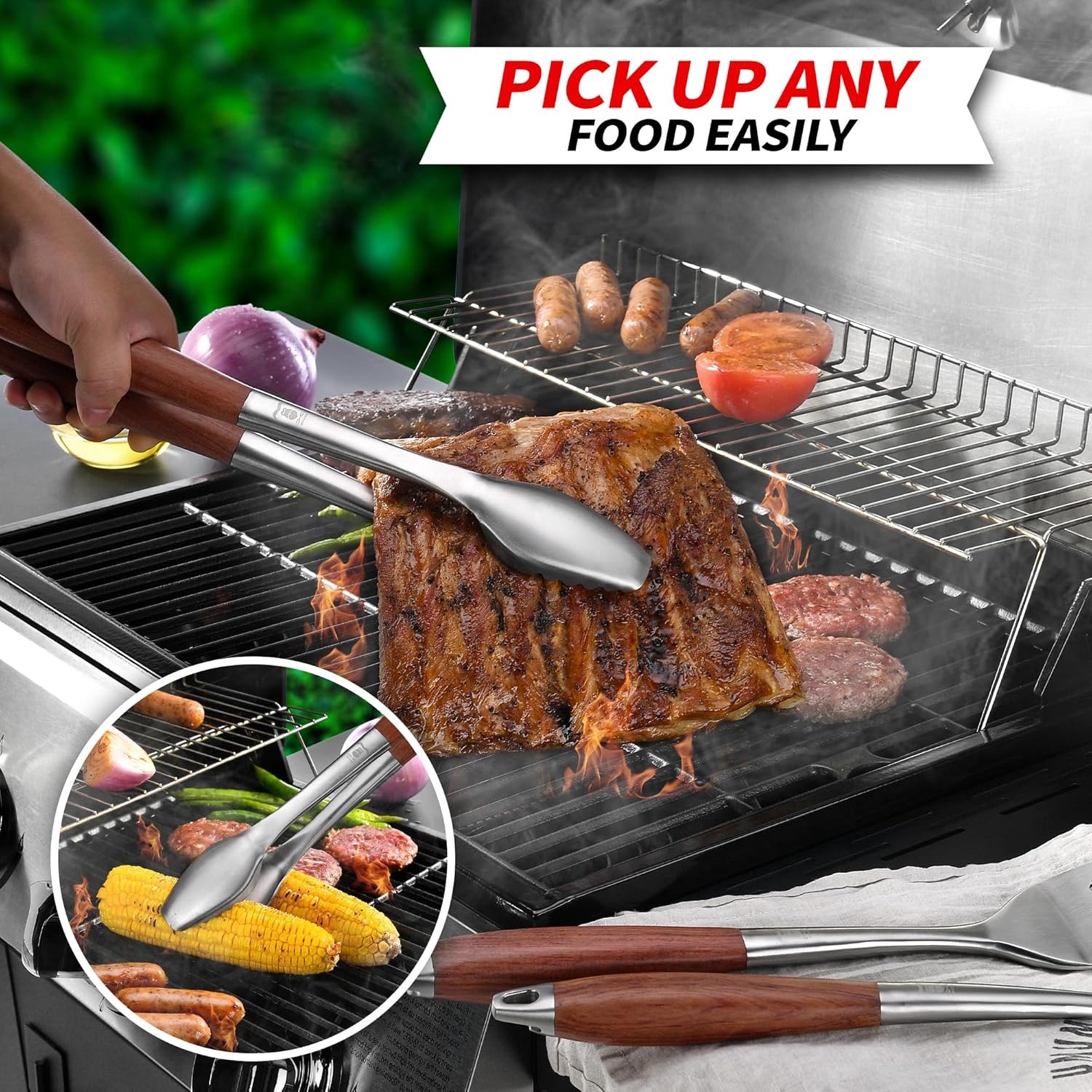GRILAZ Heavy-Duty Rose Wooden BBQ Grilling Tools Set. Extra Thick Stainless Steel Multi-Function Spatula, Fork & Tongs | Essential Accessories for Barbecue & Grill. Ideal Gift for Father… - Image 5