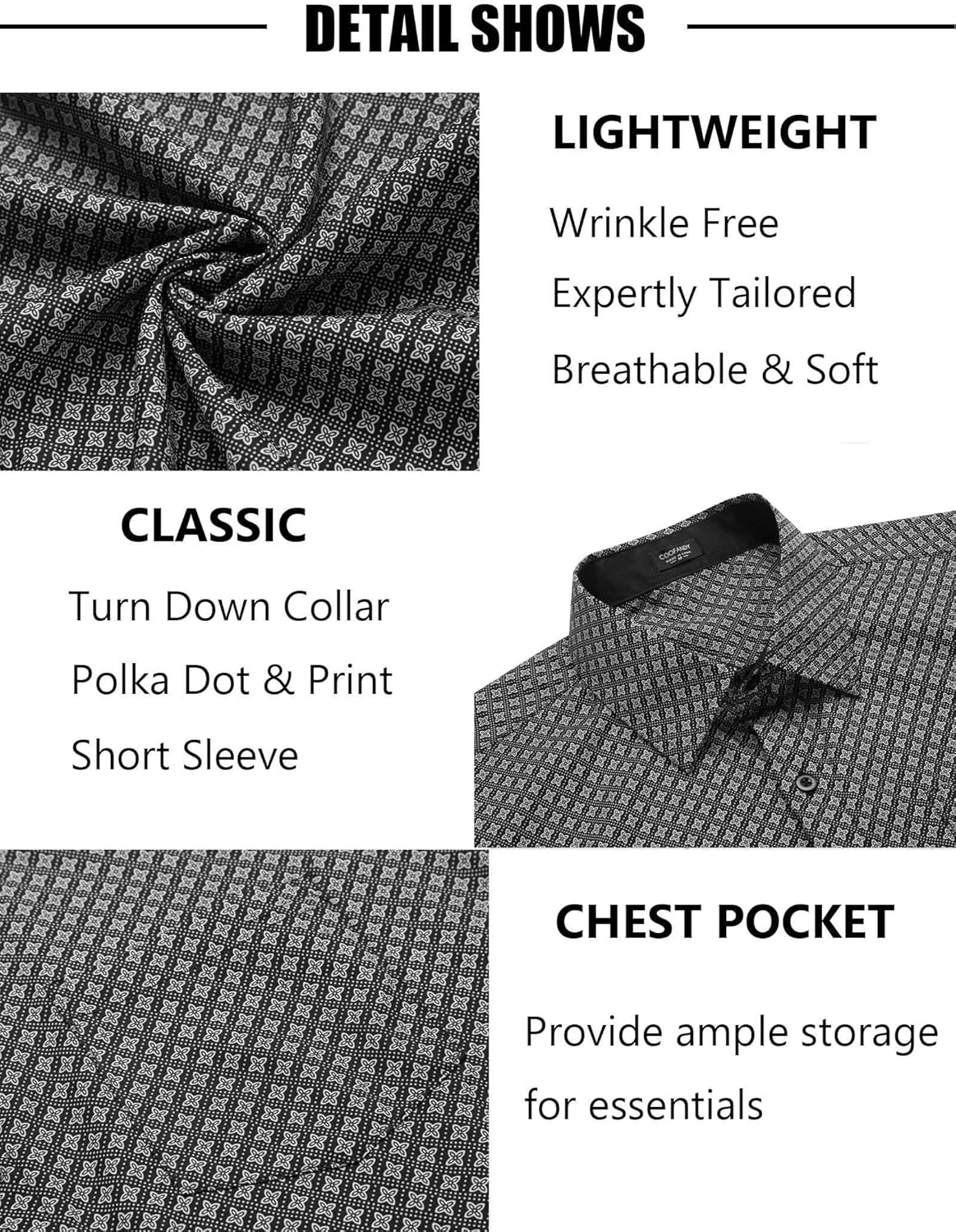 COOFANDY Mens Short Sleeve Button Down Shirts Wrinkle Free Dress Shirts Casual Polka Dot Print Shirt with Pocket - Image 5