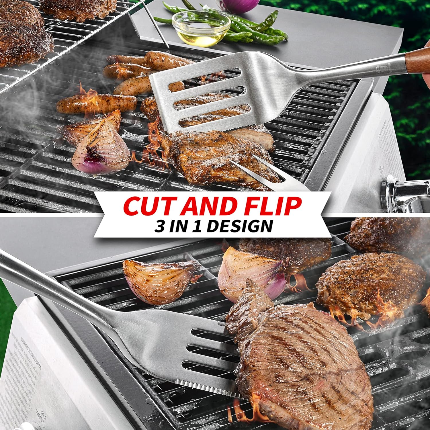GRILAZ Heavy-Duty Rose Wooden BBQ Grilling Tools Set. Extra Thick Stainless Steel Multi-Function Spatula, Fork & Tongs | Essential Accessories for Barbecue & Grill. Ideal Gift for Father… - Image 4