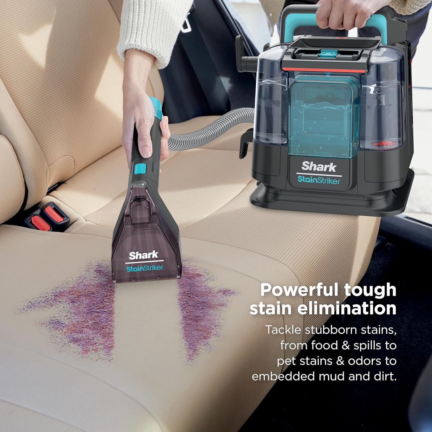 Shark StainStriker Portable Carpet & Upholstery Cleaner with On-Board Self-Cleaning, Spot, Stain, & Odor Eliminator, Includes 2 Cleaning Tools, 2 Cleaning Solutions, Charcoal, PX221BRN - Image 3