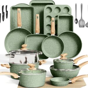 DishDelight Green Pots and Pans Set Non Stick, 30 Piece Induction Kitchen Cookware Sets for Cooking, Non Toxic Granite Pot and Pans Set, PFOA&PFOA Free